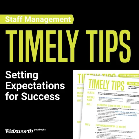 A graphic featuring a mockup of the yearbook staff management lesson plan alongside the title, "Setting Expectations for Success."