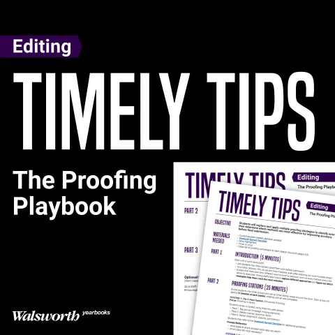 A graphic featuring a mockup of the yearbook proofing strategies lesson plan alongside the title, "The Proofing Playbook."