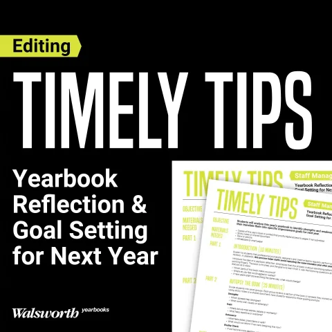 A graphic featuring a mockup of the yearbook reflection lesson plan alongside the title, "Yearbook Reflection & Goal Setting for Next Year."